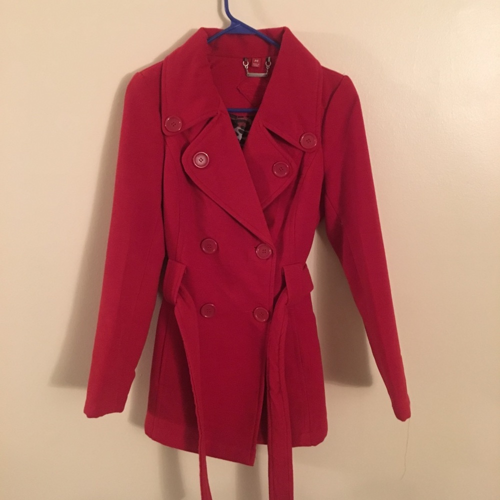 Red belted pea coat -worn once